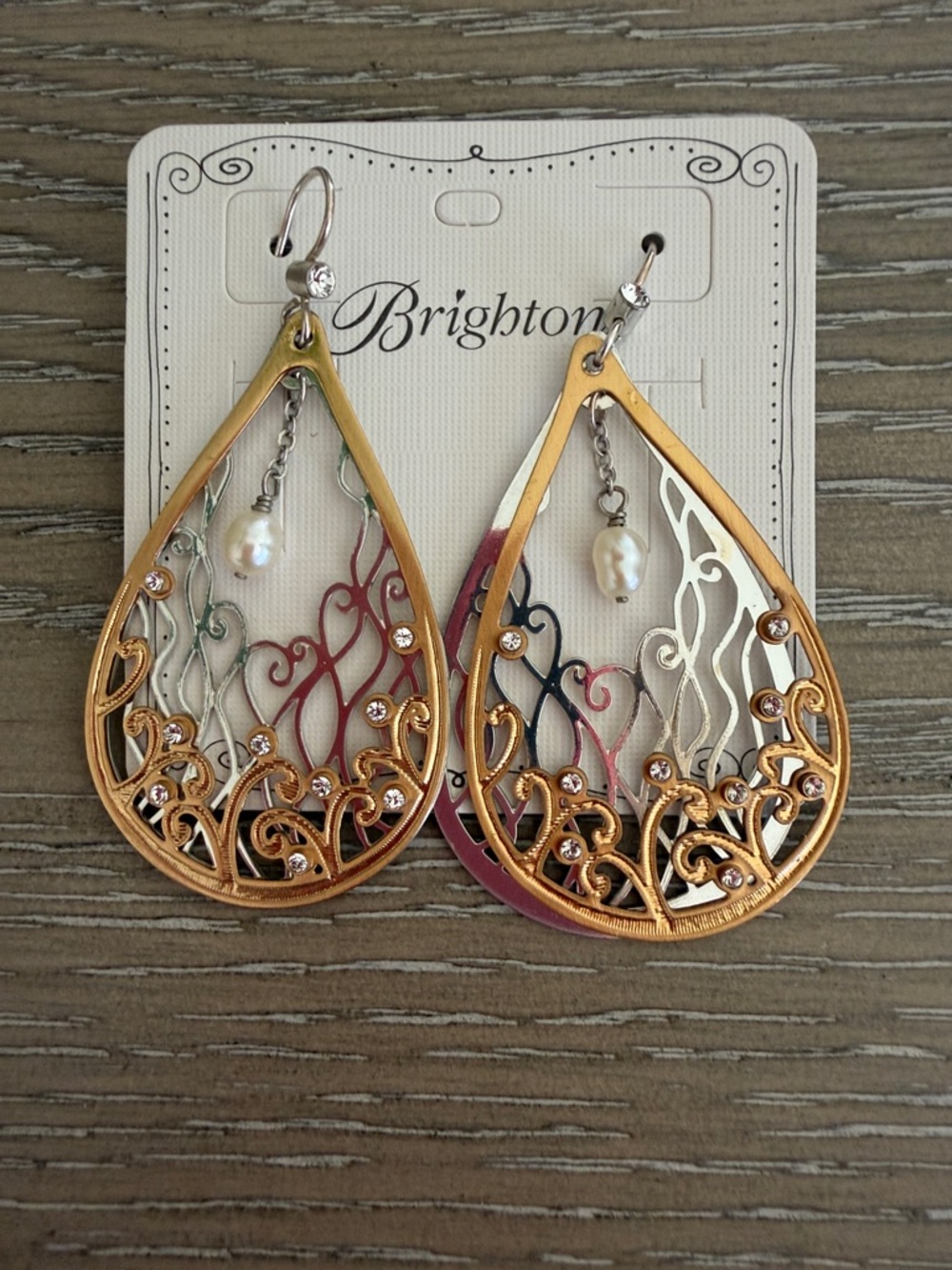 Brighton Gold-Tone Multicolor Filigree Teardrop Earrings with Pearl Drops